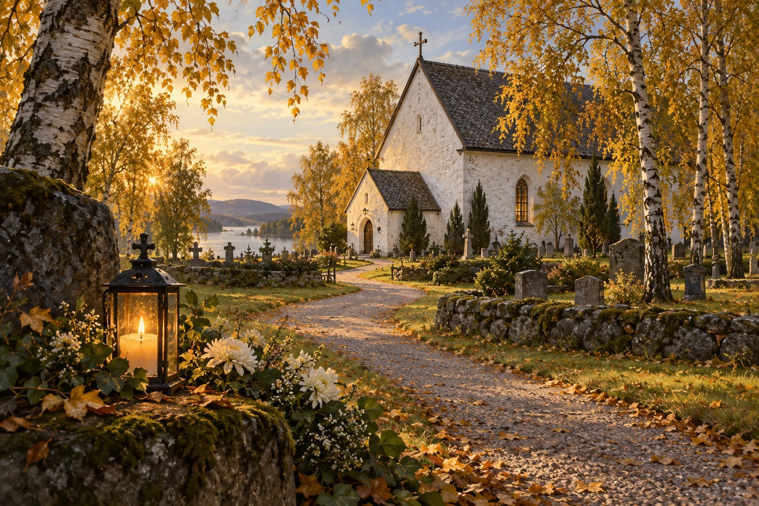Ett gravljus längs en stilla kyrkogårdsstig.